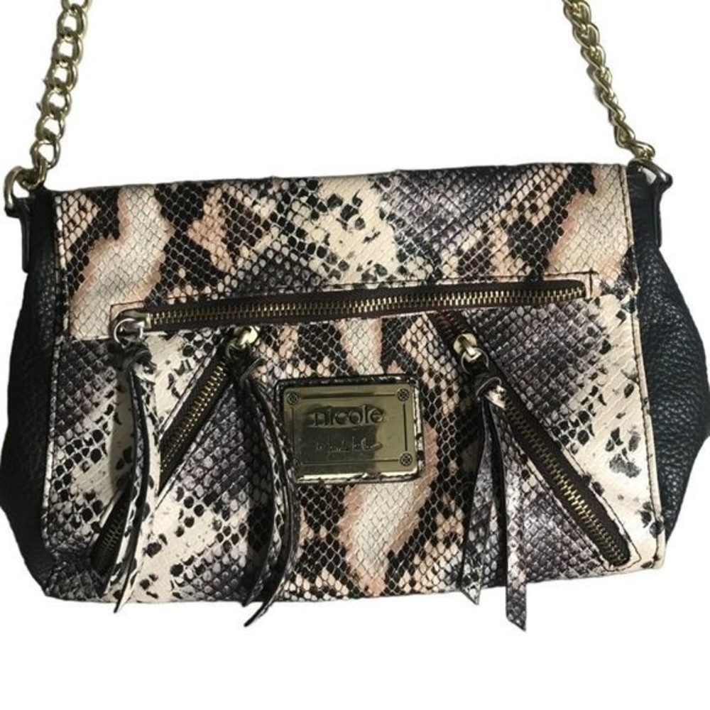 NICOLE MILLER Crossbody Snake Print Multi-Sectional Gold Hardware Size 8x11